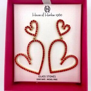 House of Harlow 1960 Red Stone Double Heart Stud Drop Earrings New in Gift Box
